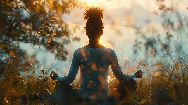 Highlight the mental benefits of meditation with a person in a meditative pose close up, focus on calm expression  ethereal  Double exposure  Nature retreat backdrop