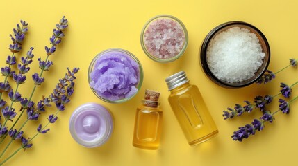 close up Lavender oil, cream, scrub, mask and salt on a yellow background. Natural diy cosmetics products, Home body skin care