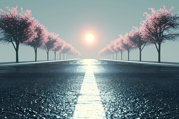 From a low vantage point, the roadway stretches ahead, flanked by trees adorned with delicate pink blossoms, as the bright sun shines brilliantly at the center of the scene