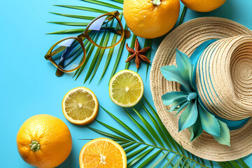 Set against a refreshing bright blue background, a straw hat with a colorful ribbon, stylish glasses, and vibrant oranges create a picturesque scene of springtime relaxation and vitality
