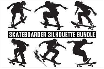 SSkateboarders Silhouette Vector Bundle Illustration, skateboarders silhouettes Vector set collection.