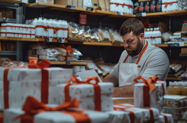 A handsome man in an apron is writing on the wrapping paper of gift boxes at his job as packaging master,