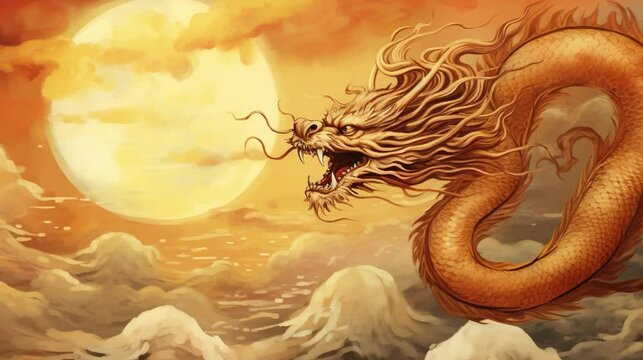 a golden dragon flying over the yellow golden full moon, red sky with clouds, lunar year, chinese, for postcard