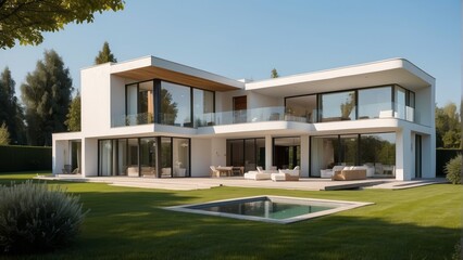 Architecture modern villa with large green yard in sunny weather, 3D building design illustration