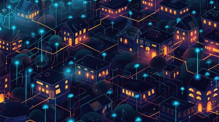 Digital community, smart homes connected by wire lines concept illustration