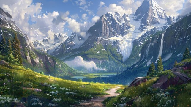 Digital painting of a mountain landscape with a path in the foreground