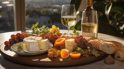 Repas de bon vivant avec viande, saumon, salade et l&eacute;gumes. Vin rouge et blanc en verre. Plat d&eacute;licieux au bistro, assiette garnie, fruits de mer, cuisine saine sur table.