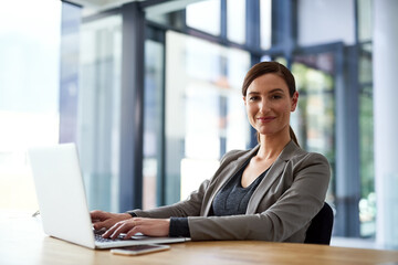 Laptop, portrait and business woman typing email, information or research company in Italy. Face,...