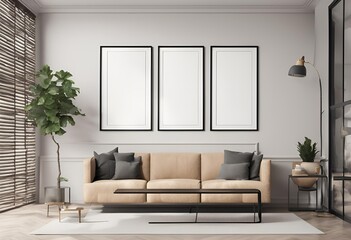 Get ISO A paper size frame mock up for living room wall poster, featuring modern interior design with house background in 3D render.