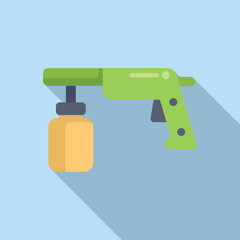 Flat design icon of a green cartoon spray paint gun with a yellow canister on a blue background