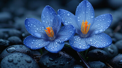 Spring flowers of blue crocuses in drops of wate