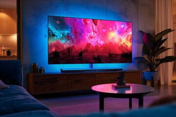 Cozy living room at night with ambient lighting and a large TV displaying a colorful image, reflecting a relaxful atmosphere