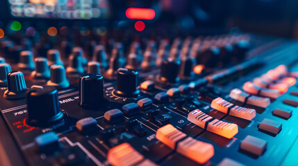 Fototapeta premium Sound mixer board with glowing lights and numerous controls, showcasing advanced audio technology and professional recording gear.