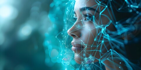 Closeup of AI humanoid girl processing big data with neural network technology. Concept AI humanoid, Big Data, Neural Network, Closeup Portrait, Technology