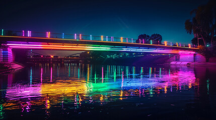 A nighttime scene of a bridge lit with neon rainbow lights reflecting on the water below