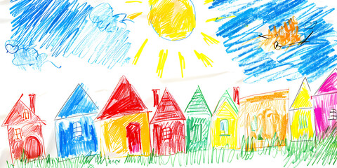 A colorful child's drawing full of imagination and creativity, showcasing the innocence and joy of childhood. Suitable for use in education and family-related materials.