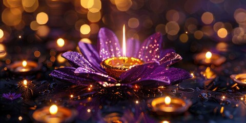 Diwali Concept featuring a Purple Three-dimensional Ornamental Flower. Celebration Wallpaper. 3D Render