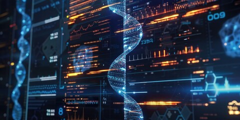 DNA medical screen hologram science hud data analysis body research background futuristic. Screen DNA infographic medical scan.