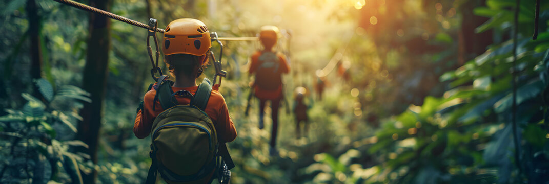 Thrilling Family Adventure: Photo Realistic Image of Family Zip Lining Through Lush Forest, Capturing Excitement of an Outdoor Experience | Adobe Stock Photo Concept