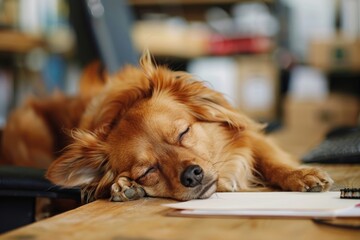  Dog peacefully sleeping in busy office environment