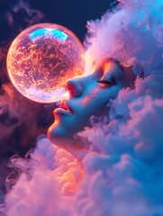 Naklejka premium Surreal portrait of a woman in vibrant clouds and mystical lighting with a glowing bubble, evoking dreamlike fantasies and ethereal beauty.