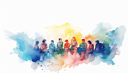 A group of people are sitting in a rainbow of colors