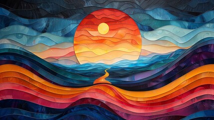 Vibrant abstract sunrise painting with layered colors in a wave pattern, blending warm hues with serene blues, creating a mesmerizing visual effect.