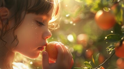 A young girl intimately engaging with the scent of a fresh citrus fruit in a sunlit grove. A young girl inhales the fresh scent of an orange amidst the warm glow of a citrus grove at sunset. AIG50