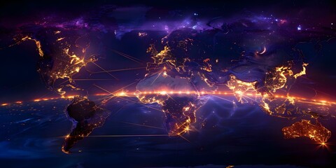 Night world map with golden lines connecting continents and cities symbolizing connectivity. Concept Connectivity, Nighttime, Golden Lines, World Map, Continents