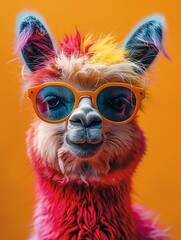 Colorful llama wearing sunglasses with a vibrant orange background, showcasing a playful and fun-loving style.