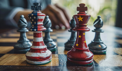 A chessboard with two pawns painted in the colors of USA and China