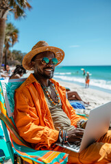 American man using laptop on the beach