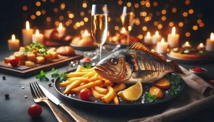 scenic view of cooked king fish, cooked mackerel fish, champagne