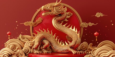 Fototapeta premium Dragon 3D chinese 2024 year gold new lunar cny podium happy background red golden. Chinese dragon 3D banner china