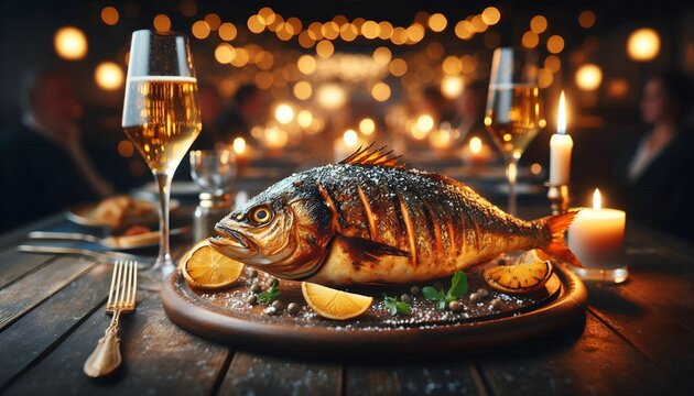scenic view of cooked king fish, cooked mackerel fish, champagne