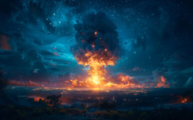 Nuclear explosion over the city. A dramatic scene of a nuclear bomb launch at night