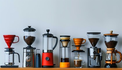 Compare different coffee brewing methods with a display of various equipment like French press