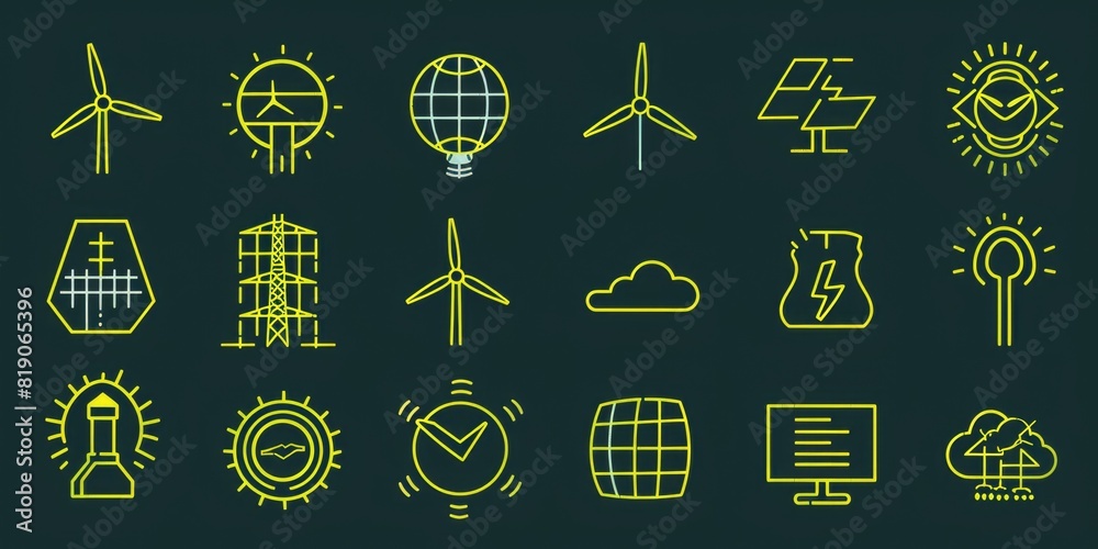 Poster collection of yellow icons on a dark backdrop, suitable for various design projects