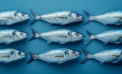 School of fish on blue background. A group of silver herring fish arranged in an overhead view