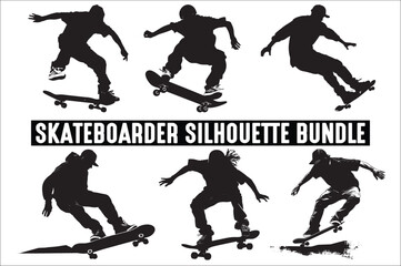 Obraz premium Skateboarders Silhouette Vector Illustration, skateboarders silhouettes Vector collection, skateboarder silhouettes.