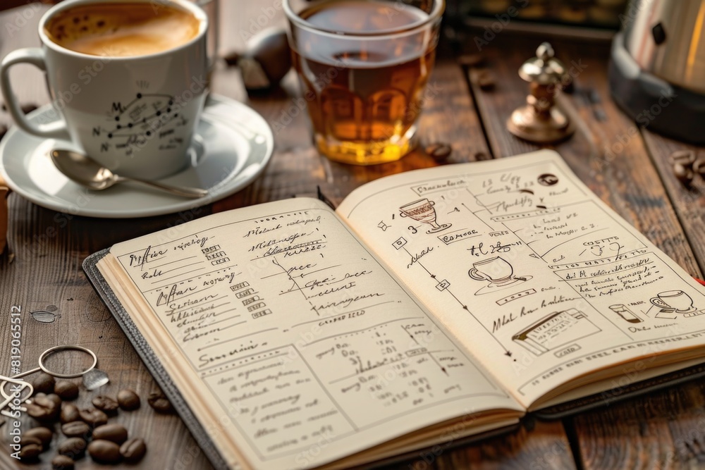 Poster a cup of coffee and a notebook on a table. perfect for office or work-related designs