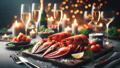 scenic view of cooked lobsters, champagne