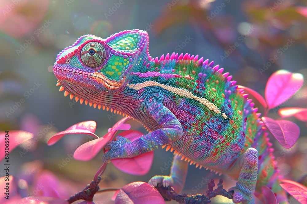 Poster a vibrant chameleon perched on a tree branch. ideal for nature and wildlife themes