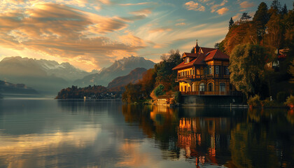 Fototapeta premium Old wooden alpine house and lake