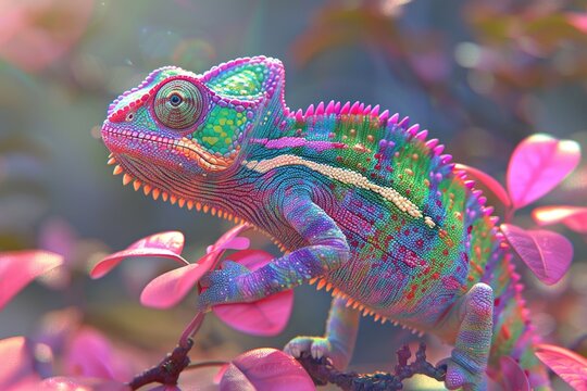 A vibrant chameleon perched on a tree branch. Ideal for nature and wildlife themes