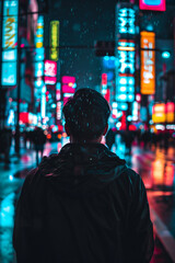 Obraz premium Man walking on the asian neon street at night in rain