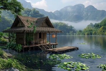 Fototapeta na wymiar wooden open hut in mid of lake