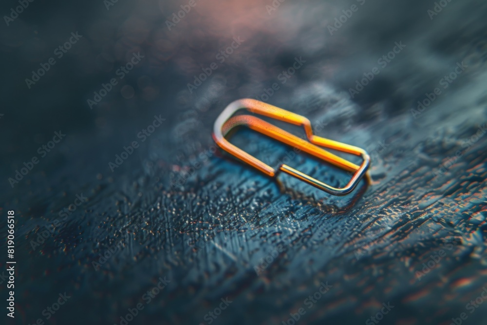Poster a detailed close up of a paper clip on a table. suitable for office and school-related projects
