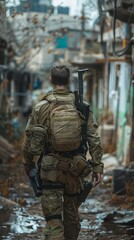 IDF soldier after a grim fight ,cinematic, documentry, top view, back view