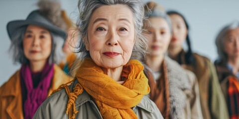A group of senior people stand together, showcasing a vibrant array of warm clothing in various styles and textures - Powered by Adobe